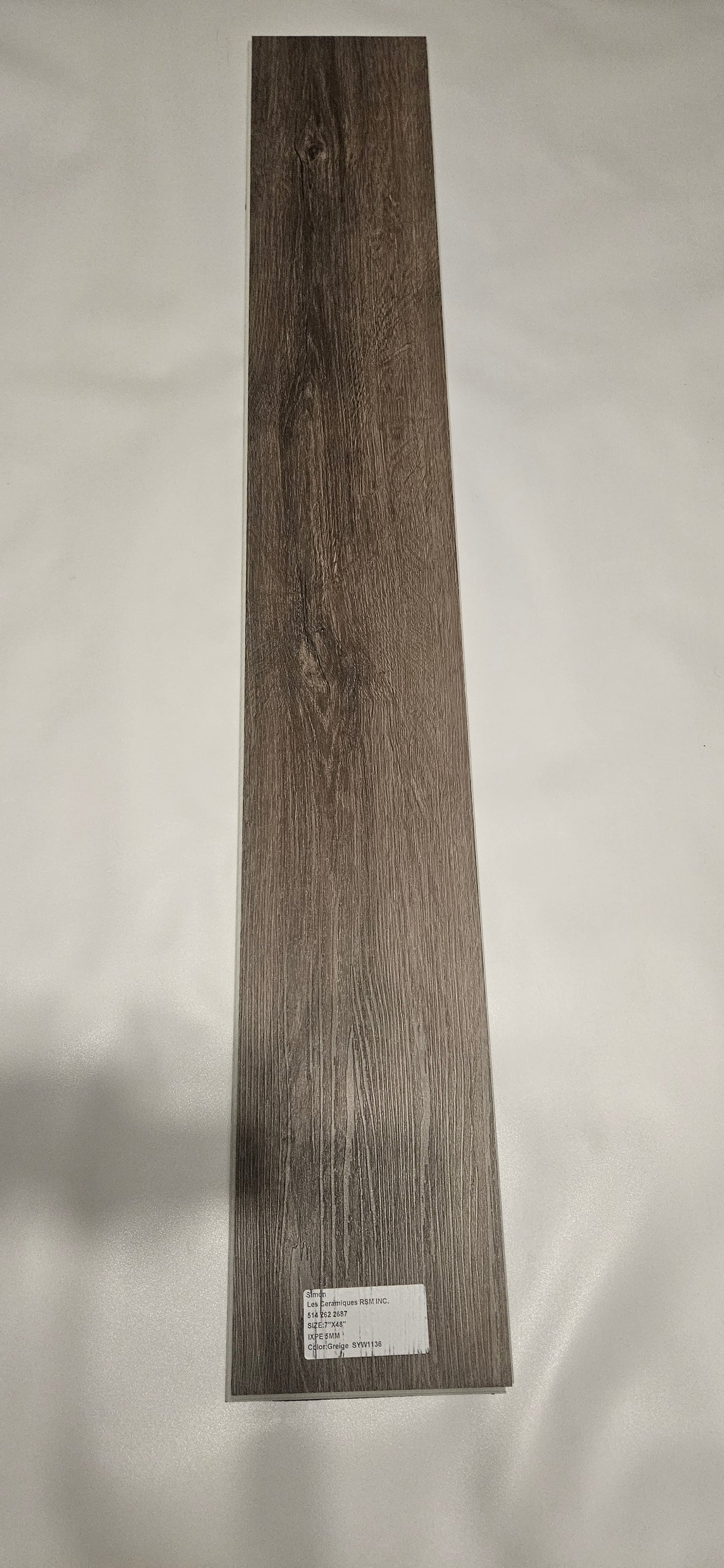 ●Greige #SYW1136 SOLD PER BOX 2.99 $ pi²/21.63sqft/box AVAILABLE UPON REQUEST ●SPC VYNIL 7"x48" 5mm IXPE UNDERLAYMENT